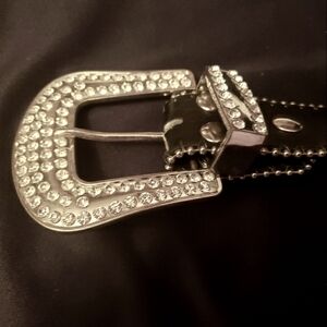 Woman's Genuine Leather Rhinestone Belt, Black Belt, Silver and Clear Rhinestone